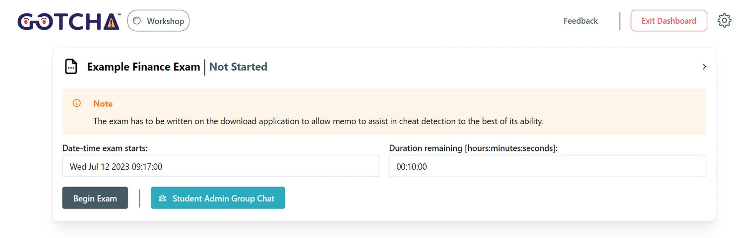 GotchaExam dashboard with an exam ready to begin